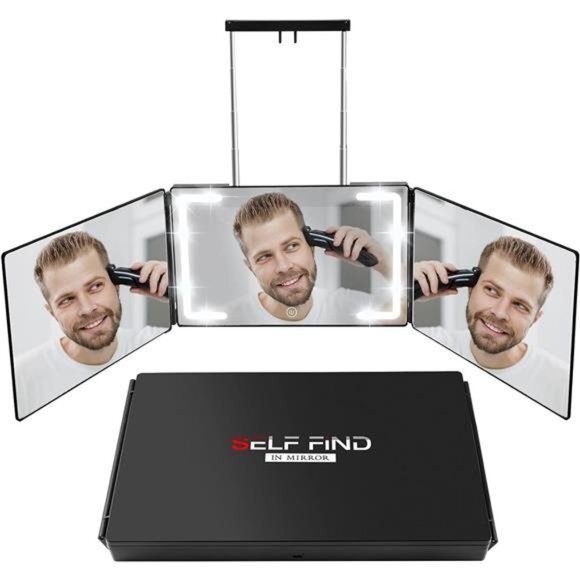 Self Find-3 Way Mirror for Self Hair Cutting w/Ring Light Rechargeable 360Mirror